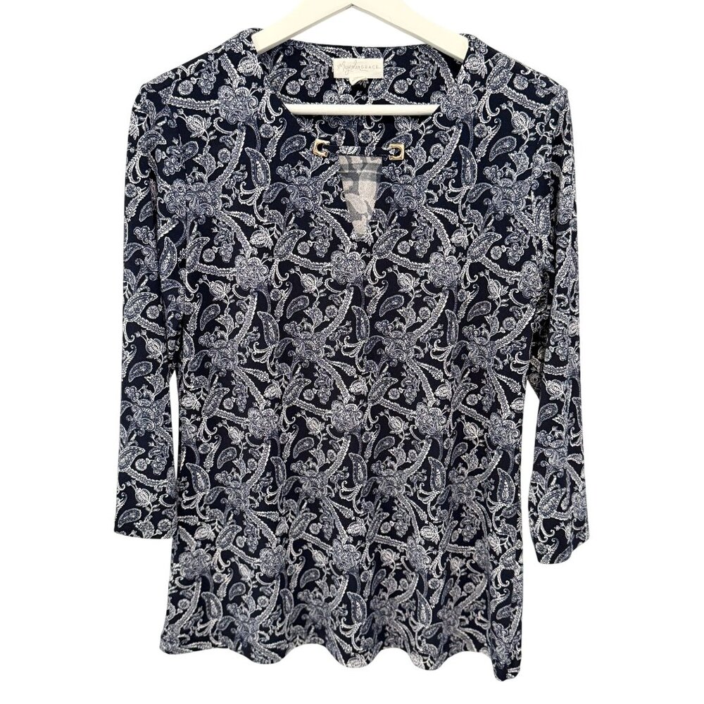 Magnolia Grace Paisley Top Navy Blue White Stretch Blouse Size S
